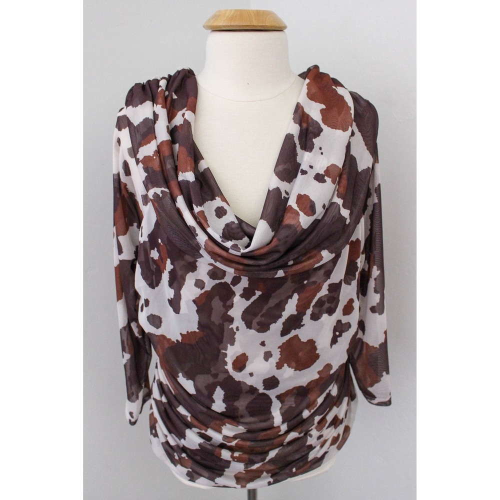 Maeve Top Plus Size 2X Brown White Mesh Pullover Off Shoulder Ruched Aleda